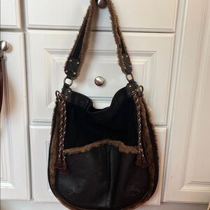 Cul-de-sac Black and Brown Faux-Fur Trim Genuine Leather Hobo Bag